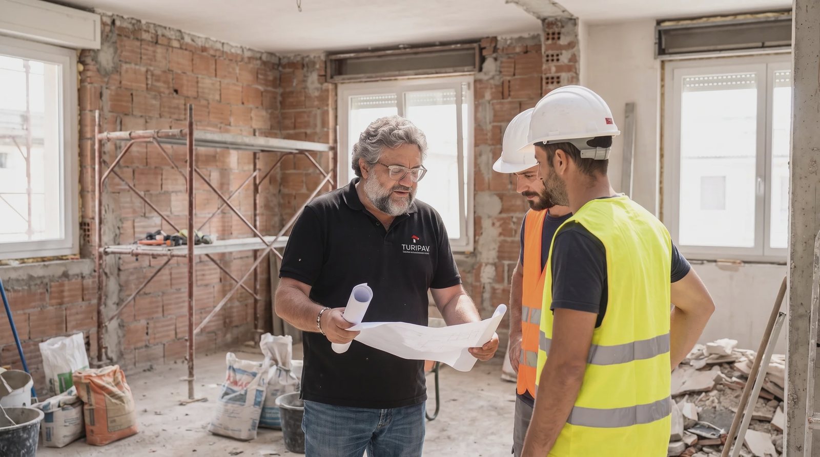 In cantiere con il nostro referente: due operai con casco e giubbotto ad alta visibilità e un tecnico Turipav esaminano la planimetria